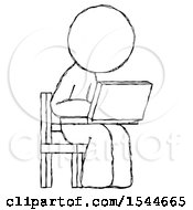 Poster, Art Print Of Sketch Design Mascot Man Using Laptop Computer While Sitting In Chair Angled Right