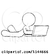 Poster, Art Print Of Sketch Design Mascot Man Using Laptop Computer While Lying On Floor Side Angled View