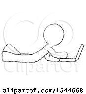 Poster, Art Print Of Sketch Design Mascot Man Using Laptop Computer While Lying On Floor Side View