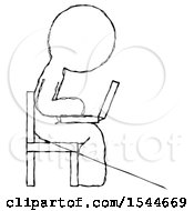 Poster, Art Print Of Sketch Design Mascot Man Using Laptop Computer While Sitting In Chair View From Side