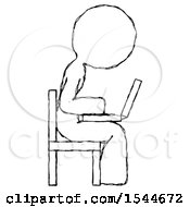 Poster, Art Print Of Sketch Design Mascot Woman Using Laptop Computer While Sitting In Chair View From Side