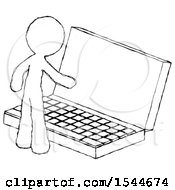 Poster, Art Print Of Sketch Design Mascot Man Using Large Laptop Computer