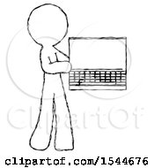 Poster, Art Print Of Sketch Design Mascot Man Holding Laptop Computer Presenting Something On Screen
