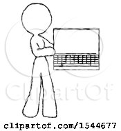 Sketch Design Mascot Woman Holding Laptop Computer Presenting Something On Screen by Leo Blanchette
