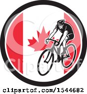 Poster, Art Print Of Retro Male Cyclist Riding A Bicycle In A Canadian Flag Circle