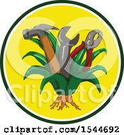 Poster, Art Print Of Hammer Spanner Wrench And Pliers Growing In An Agave Plant Inside A Circle
