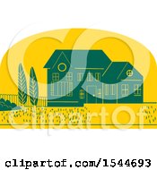 Poster, Art Print Of Retro Styled House And Yard In A Yellow Half Circle