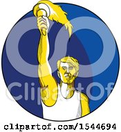 Clipart Of A Sketched Male Track And Field Athlete Holding Up A Torch In A Blue Circle Royalty Free Vector Illustration