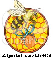 Poster, Art Print Of Sketched Worker Bee Flying With A Jar Over Honeycombs