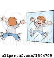 Clipart Of A Happy White Boy Jumping In A Mirror Royalty Free Vector Illustration by Johnny Sajem
