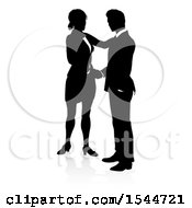 Clipart Of A Black And White Silhouetted Business Man And Woman Shaking Hands With A Reflection Or Shadow Royalty Free Vector Illustration