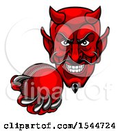 Clipart Of A Grinning Evil Red Devil Holding Out A Cricket Ball In A Clawed Hand Royalty Free Vector Illustration