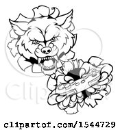 Clipart Of A Black And White Wolf Mascot Holding A Video Game Controller And Breaking Through A Wall Royalty Free Vector Illustration