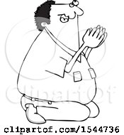 Clipart Of A Lineart Black Man Kneeling And Praying Royalty Free Vector Illustration