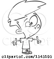 Clipart Of A Lineart Boy Making An Open Armed Gesture Royalty Free Vector Illustration