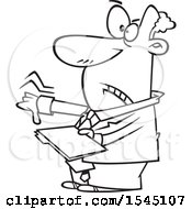 Clipart Of A Lineart Business Man Giving A Thumb Down And Holding A Folder Royalty Free Vector Illustration