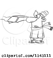 Clipart Of A Lineart Man Standing By His Car Completely Buried In Snow Royalty Free Vector Illustration