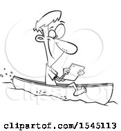 Clipart Of A Lineart Man Streaming Videos On His Tablet While Floating In A Boat Royalty Free Vector Illustration
