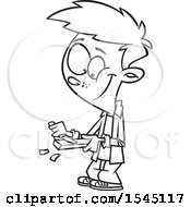 Clipart Of A Lineart Boy Whittling Wood Royalty Free Vector Illustration