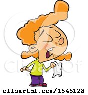 Cartoon Red Haired Caucasian Girl Holding A Tissue And Sneezing