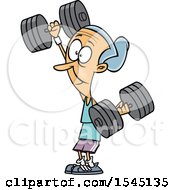 Poster, Art Print Of Cartoon Strong Senior Caucasian Woman Working Out With Dumbbells