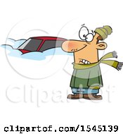 Cartoon Caucasian Man Standing By His Car Completely Buried In Snow