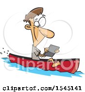 Poster, Art Print Of Cartoon Caucasian Man Streaming Videos On His Tablet While Floating In A Boat