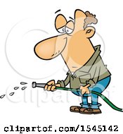Clipart Of A Cartoon Depressed Caucasian Man With A Faint Stream Coming Out Of His Garden Hose Royalty Free Vector Illustration by toonaday