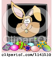 Clipart Of A Bunny Rabbit Face Popping Out Of A Computer Screen Over Easter Eggs On Pink Royalty Free Illustration