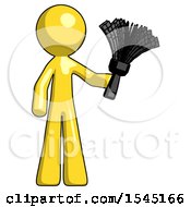 Poster, Art Print Of Yellow Design Mascot Man Holding Feather Duster Facing Forward