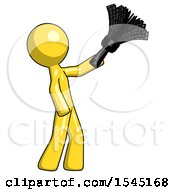 Poster, Art Print Of Yellow Design Mascot Man Dusting With Feather Duster Upwards