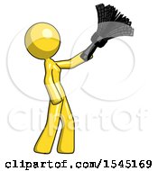 Poster, Art Print Of Yellow Design Mascot Woman Dusting With Feather Duster Upwards