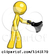 Yellow Design Mascot Man Dusting With Feather Duster Downwards