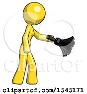 Poster, Art Print Of Yellow Design Mascot Woman Dusting With Feather Duster Downwards