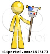 Yellow Design Mascot Woman Holding Jester Staff