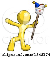 Yellow Design Mascot Man Holding Jester Staff Posing Charismatically
