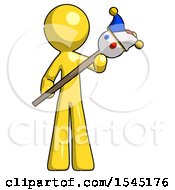 Poster, Art Print Of Yellow Design Mascot Man Holding Jester Diagonally