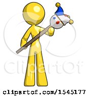 Poster, Art Print Of Yellow Design Mascot Woman Holding Jester Diagonally