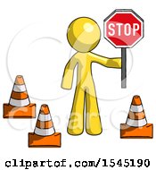 Poster, Art Print Of Yellow Design Mascot Man Holding Stop Sign By Traffic Cones Under Construction Concept