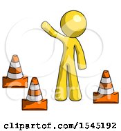 Poster, Art Print Of Yellow Design Mascot Man Standing By Traffic Cones Waving