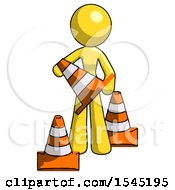 Poster, Art Print Of Yellow Design Mascot Woman Holding A Traffic Cone