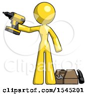 Poster, Art Print Of Yellow Design Mascot Woman Holding Drill Ready To Work Toolchest And Tools To Right