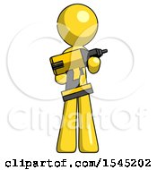 Yellow Design Mascot Man Holding Large Drill