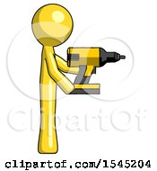 Yellow Design Mascot Man Using Drill Drilling Something On Right Side