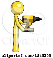 Yellow Design Mascot Woman Using Drill Drilling Something On Right Side