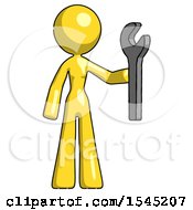 Yellow Design Mascot Woman Holding Wrench Ready To Repair Or Work