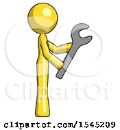 Yellow Design Mascot Woman Using Wrench Adjusting Something To Right