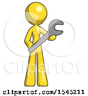Poster, Art Print Of Yellow Design Mascot Woman Holding Large Wrench With Both Hands