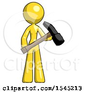 Poster, Art Print Of Yellow Design Mascot Woman Holding Hammer Ready To Work
