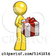 Yellow Design Mascot Man Giving A Present